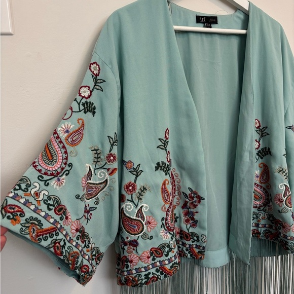 Zara Light Green Embroidered Fringe Kimono - Picture 10 of 14